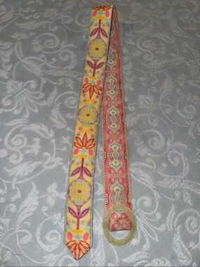 Embroidered Floral Jacquard Belt in Yellow and Pink Reversible